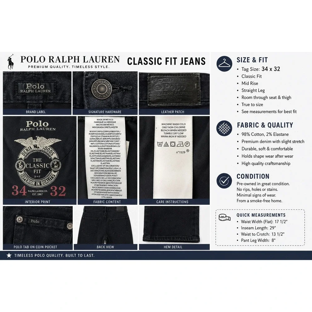 Polo Ralph Lauren Classic Jeans Men 34x32 Black Excellent Straight Leg Stretch